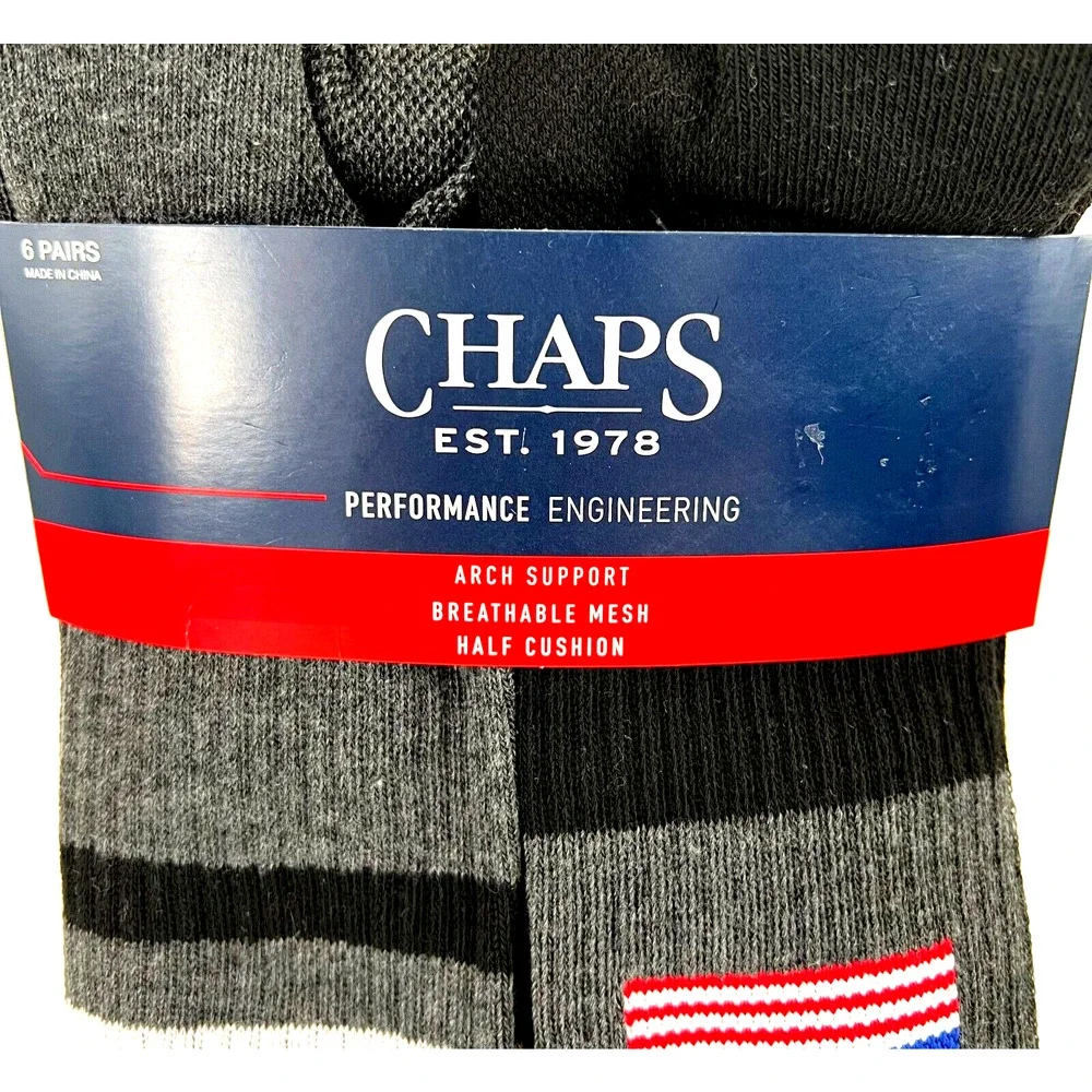 NEW Chaps Men’s Athletic Crew Socks 6 Pairs Arch Support Black Shoe Size 6-12.5